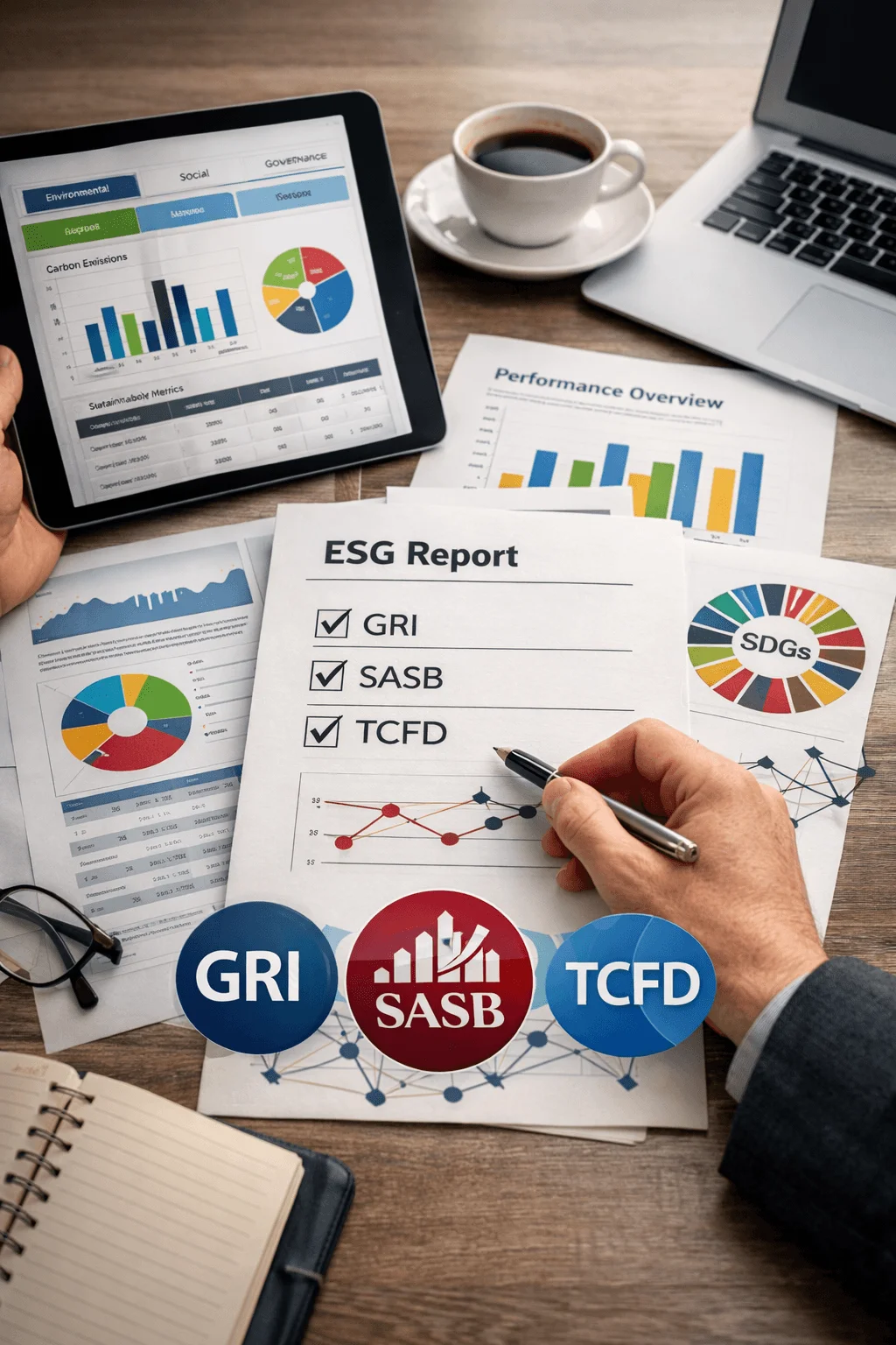 Desk with ESG report documents showing compliance with GRI SASB and TCFD standards alongside charts graphs tablet and laptop displaying sustainability performance data