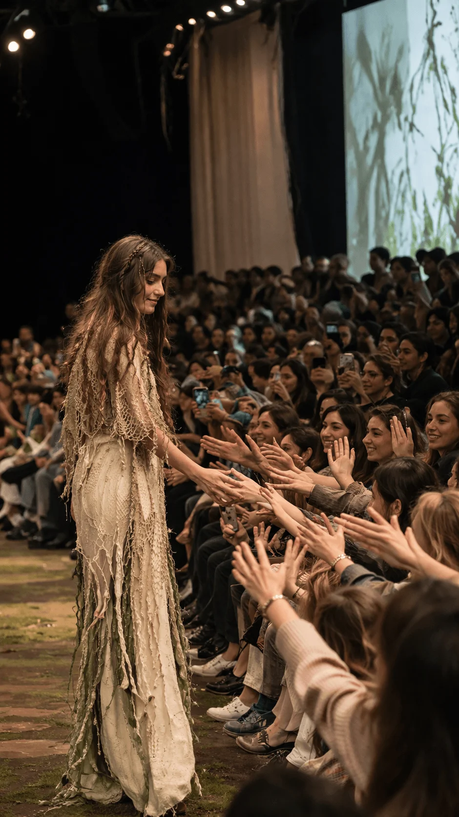 Model in an earthy textured dress walking along the runway while reaching out to interact with the audience as spectators extend their hands creating a warm engaging and immersive fashion show experience