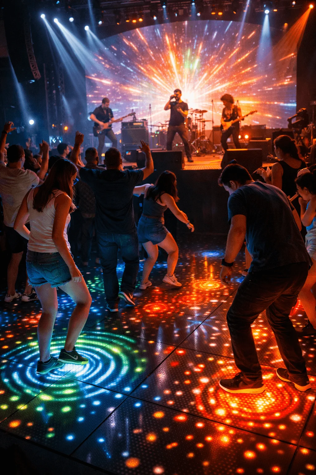 Interactive concert scene with audience dancing on a responsive LED floor displaying colorful circular light patterns while a live band performs on stage with vibrant visuals in the background