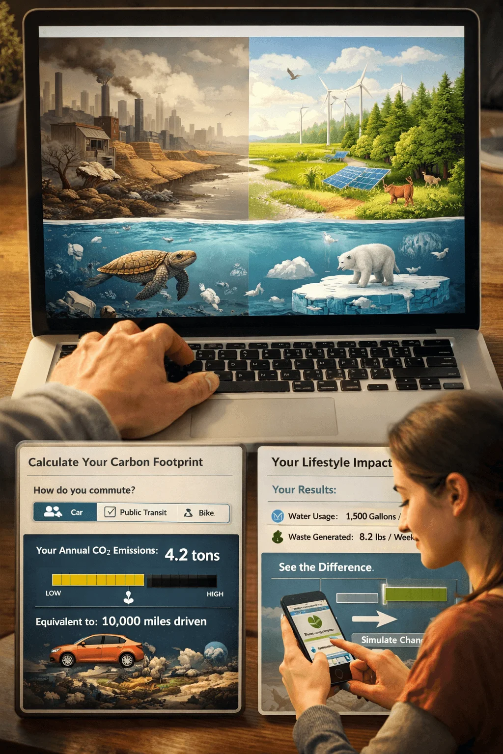 Interactive sustainability interface showing a laptop with contrasting polluted and green environments alongside carbon footprint calculator panels and a person using a smartphone to track lifestyle impact and environmental data