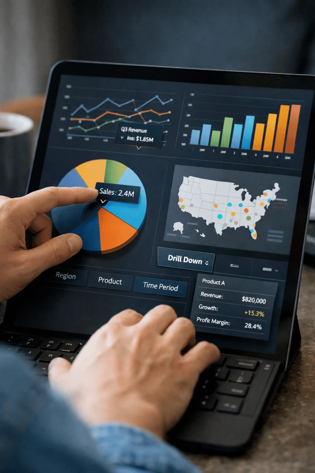 interactive dashboard on laptop showing charts graphs and map with user analyzing sales revenue and performance data