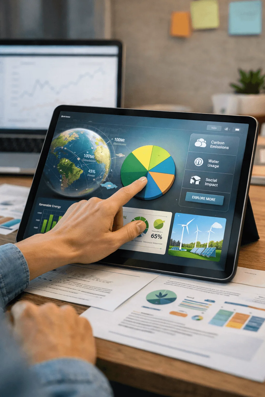 Person interacting with a tablet displaying an interactive sustainability dashboard with a globe visualization pie chart renewable energy data carbon emissions water usage and social impact metrics alongside printed reports on a desk