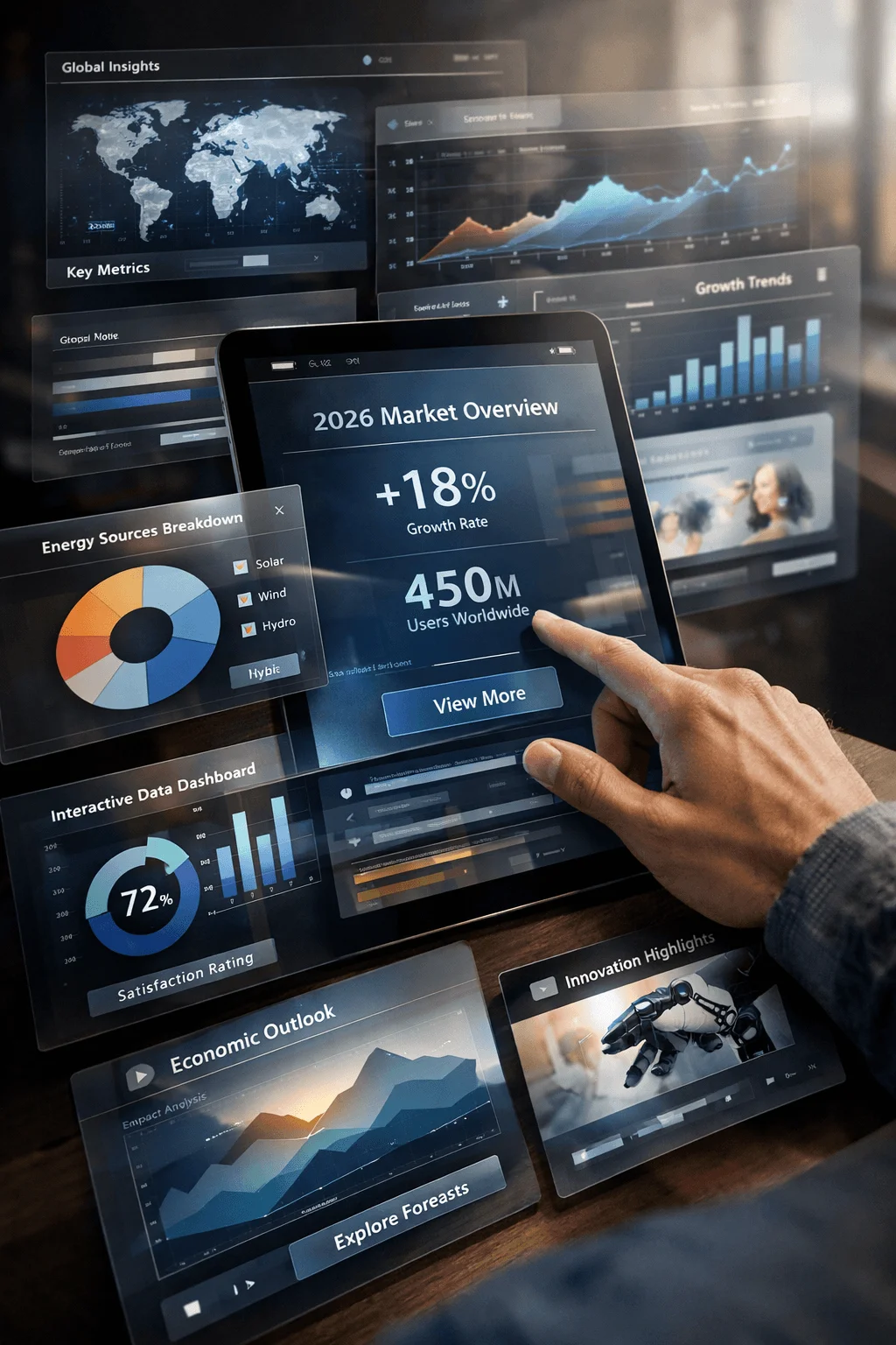 Interactive digital report layout showing a tablet with market overview statistics growth rate and user data surrounded by floating dashboards with global map charts energy sources breakdown graphs satisfaction rating and economic outlook while a hand interacts with the screen in a modern workspace