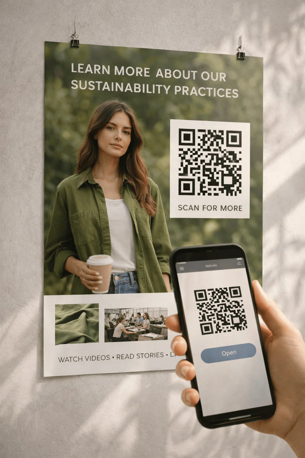 Poster promoting sustainability practices featuring a woman in a green shirt holding a coffee cup beside a large QR code with text inviting users to scan for more information, with a smartphone in the foreground scanning the code and small images of fabric and a team meeting at the bottom