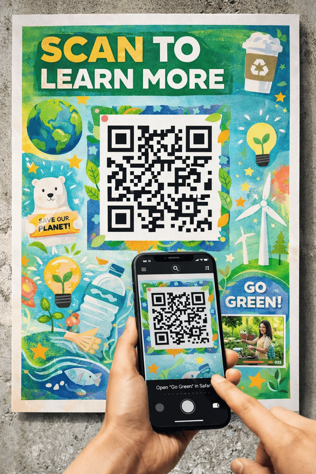 Colorful sustainability poster with QR code being scanned on a smartphone surrounded by eco themed illustrations like earth recycling symbols wind turbines plants water bottle and text scan to learn more and go green