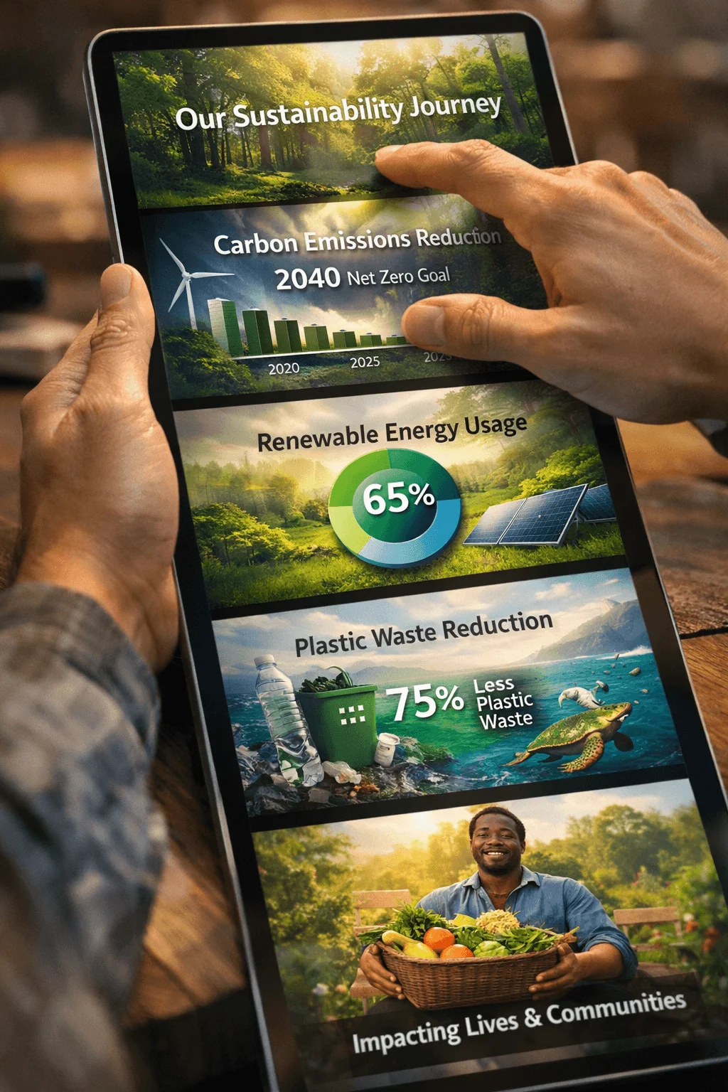 Hands holding a tablet that displays a sustainability report with sections showing carbon emissions reduction goal of net zero by 2040 renewable energy usage at 65 percent plastic waste reduction of 75 percent and a community impact image of a farmer holding a basket of fresh produce.