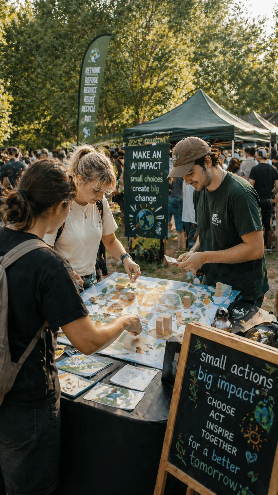 People participating in an interactive sustainability activity at an outdoor event learning about eco friendly practices and environmental impact