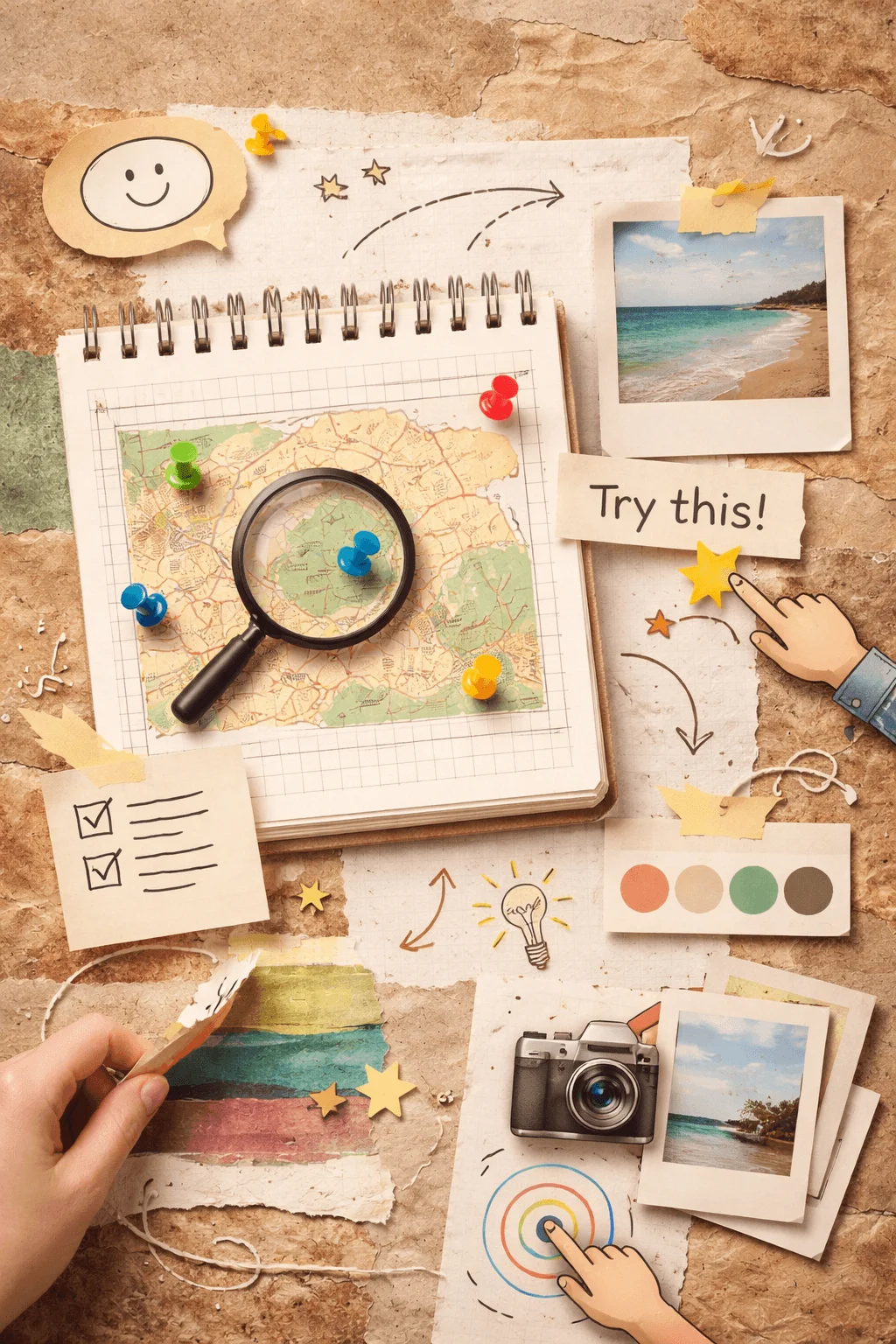 Creative flat lay showing an interactive design concept with a map and magnifying glass pinned notes sketches photos color swatches and hand drawn elements encouraging exploration and engagement
