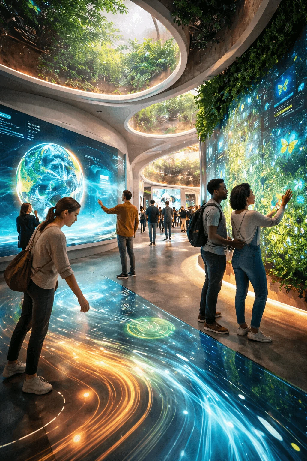 Interactive and immersive design experience showing people engaging with large digital displays of nature and data in a futuristic space with organic architecture greenery and dynamic visual projections on walls and floors
