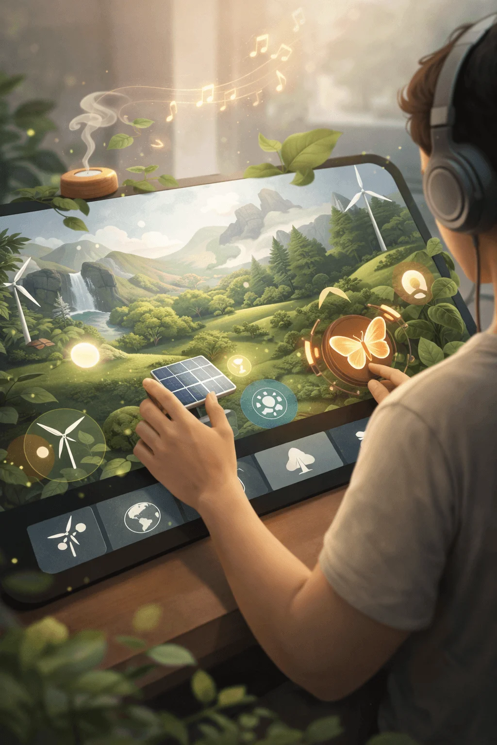 Person using tablet with interactive eco themed interface featuring nature landscape renewable energy icons and immersive sensory elements like music and touch interaction