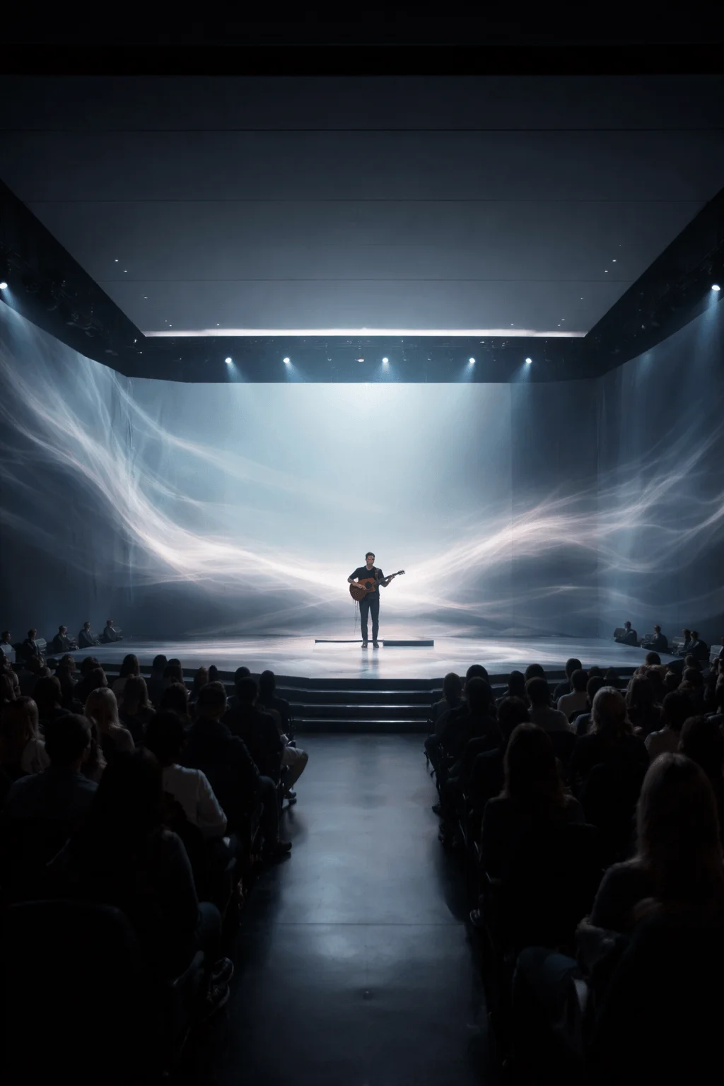 Minimalist stage with a performer playing guitar at the center surrounded by subtle nearly invisible LED screens displaying soft flowing light patterns with audience seated on both sides