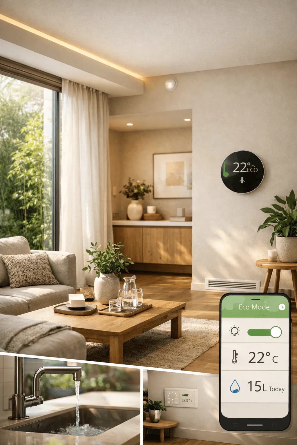 Modern living room with smart thermostat eco mode display mobile app controls natural light wooden furniture indoor plants and water saving features creating a sustainable tech enhanced home environment