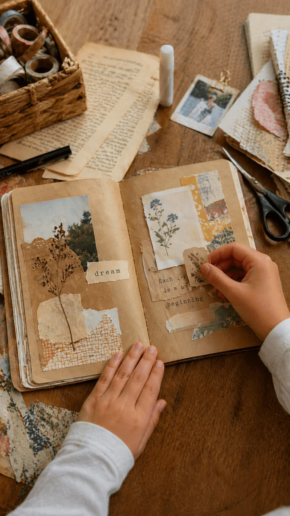 Hands creating a junk journal collage with vintage paper photos dried flowers and handwritten notes on a wooden table