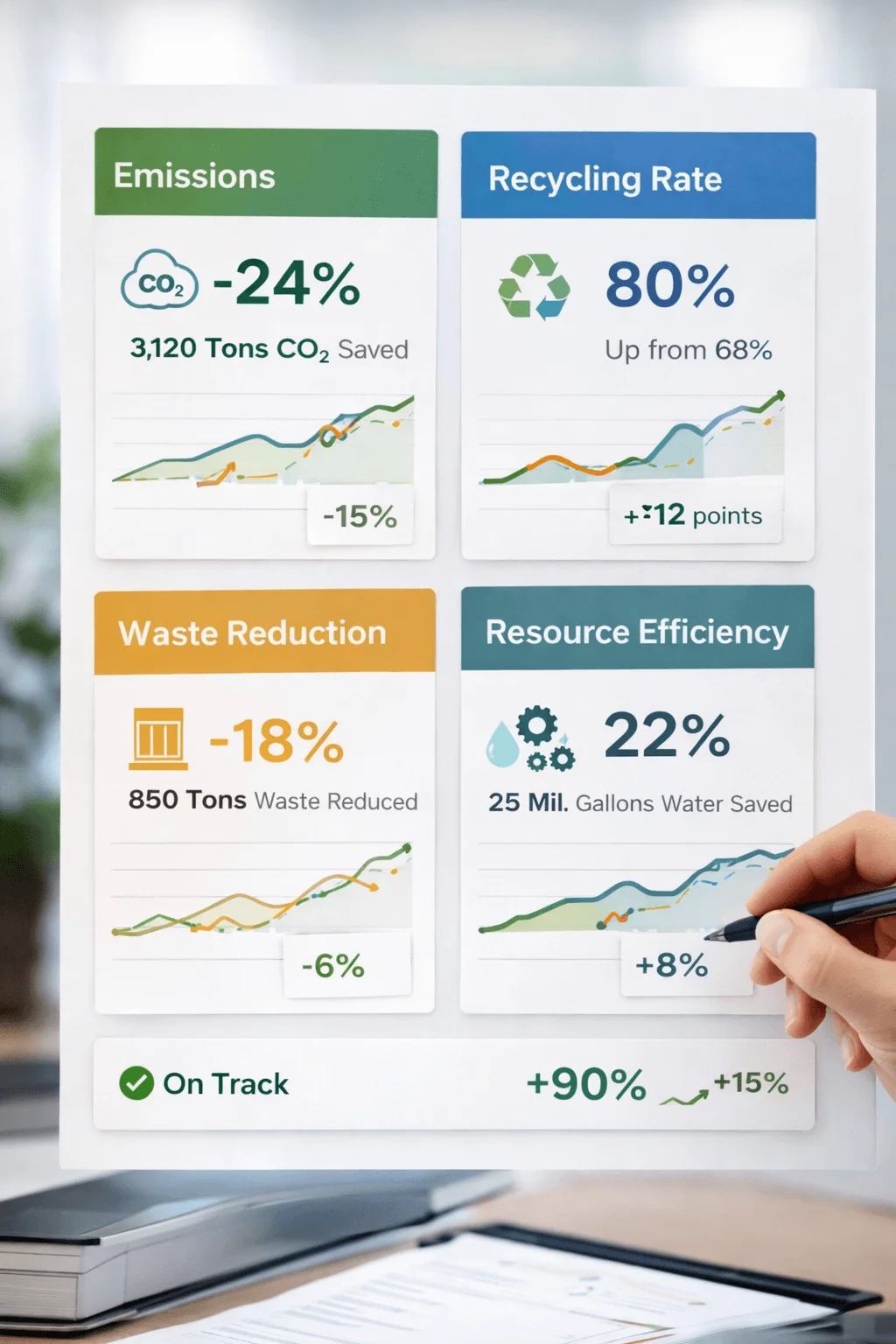 Sustainability KPI scorecards showing emissions reduction recycling rate waste reduction and resource efficiency with charts metrics and progress indicators on a report page