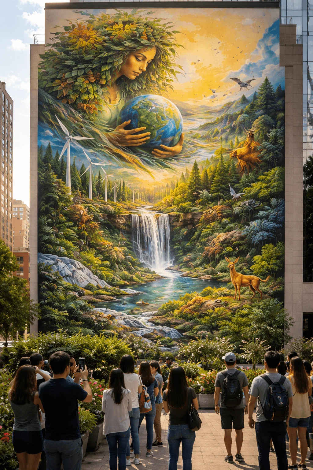 Large scale eco mural on a city building depicting a nature goddess holding the earth surrounded by forests waterfall wildlife and wind turbines with people observing in an urban park