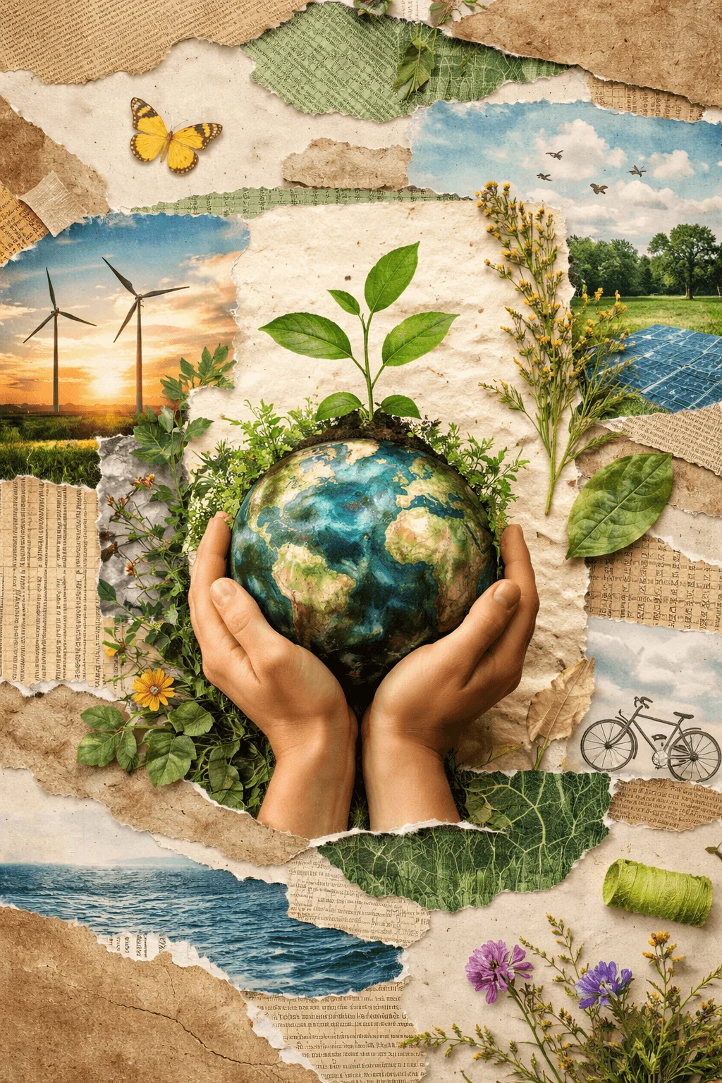 Artistic collage with torn paper textures showing hands holding the Earth with a growing plant surrounded by nature elements wind turbines solar panels butterfly bicycle and landscapes symbolizing sustainability and environmental care