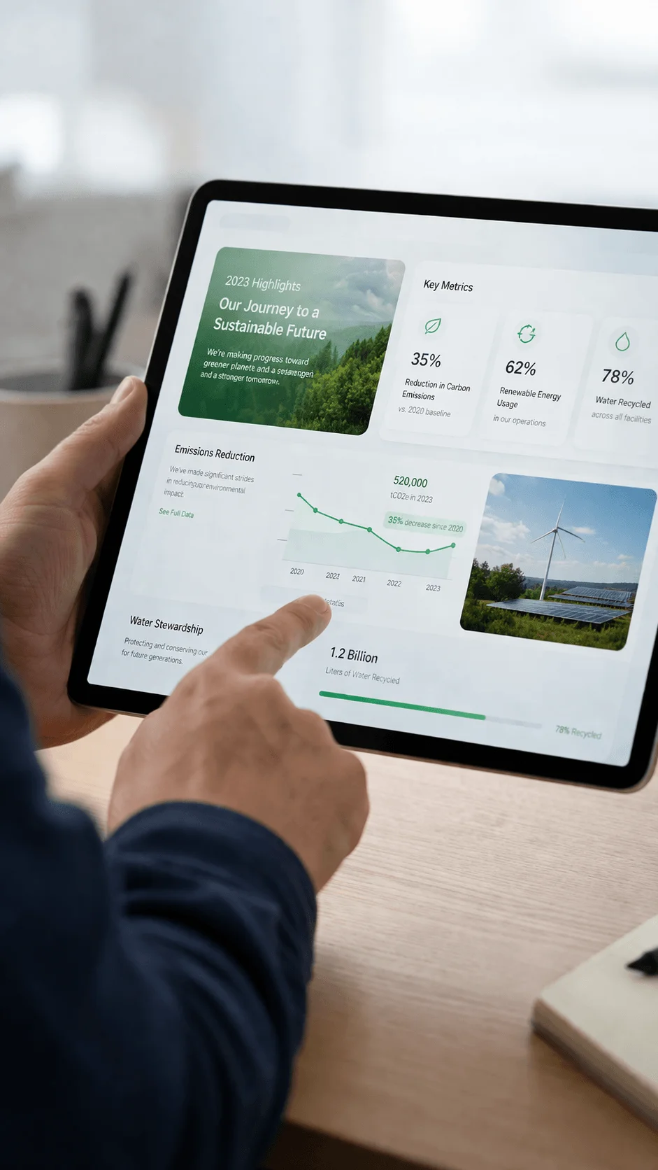 Hands using tablet displaying sustainability report with key metrics emissions reduction renewable energy usage water recycling progress and interactive data charts