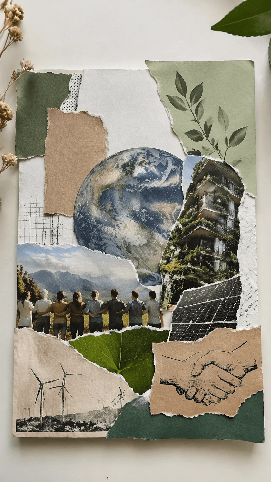 Sustainability themed collage with torn paper layers featuring earth green buildings solar panels wind turbines people standing together leaves and a handshake symbolizing environmental collaboration