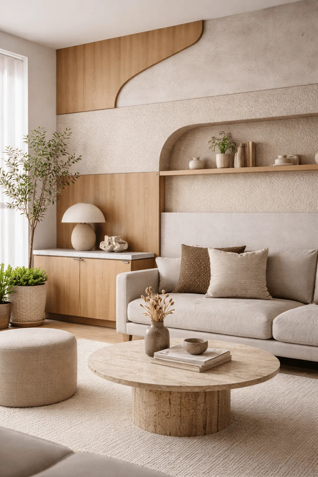 Modern living room with layered wall design combining wood panels textured plaster and curved built in shelving with neutral furniture and soft natural decor