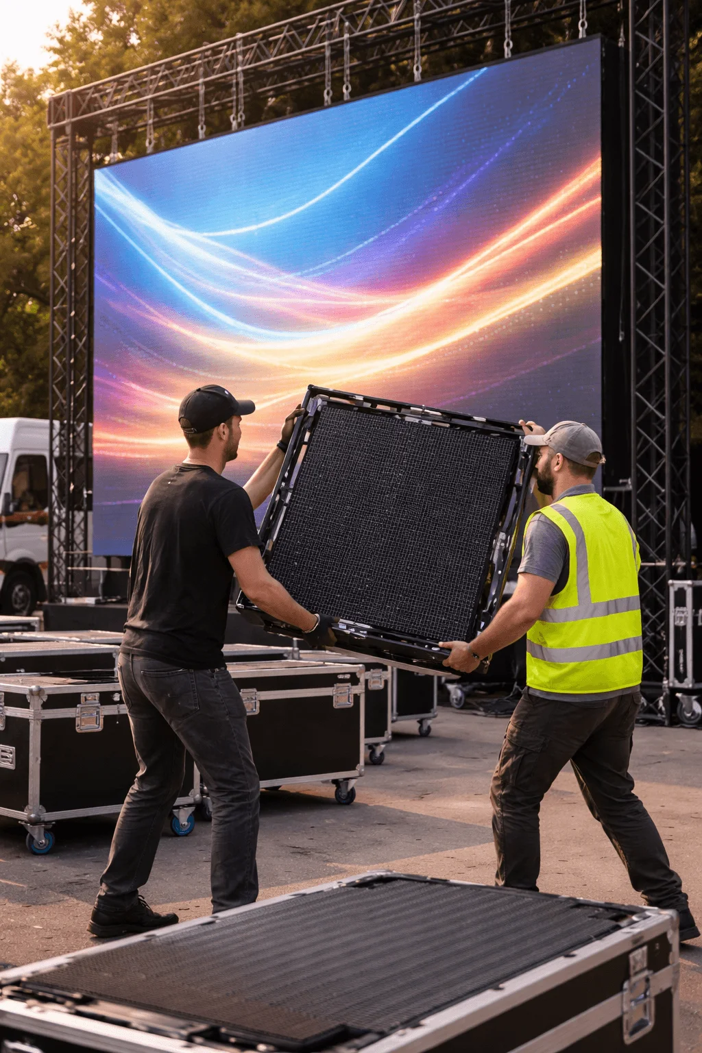 Technicians assembling a lightweight portable LED screen panel outdoors with stage truss structure equipment cases and a large display showing colorful abstract visuals in the background