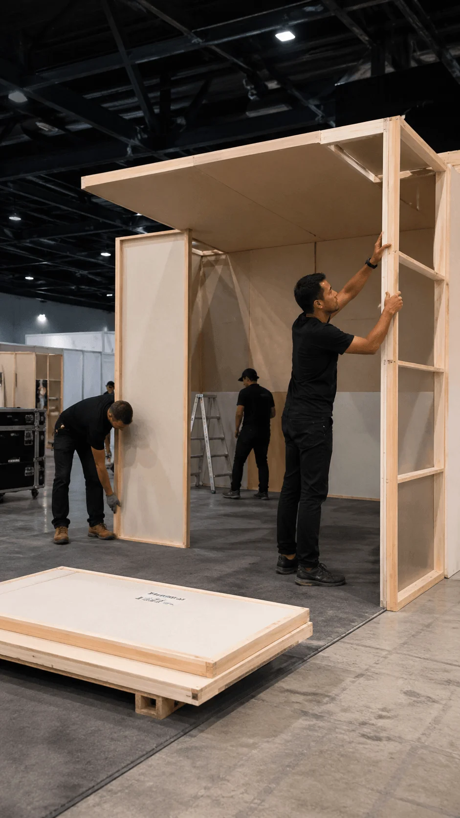 Workers assembling a lightweight modular exhibition booth using wooden panels in an indoor event space