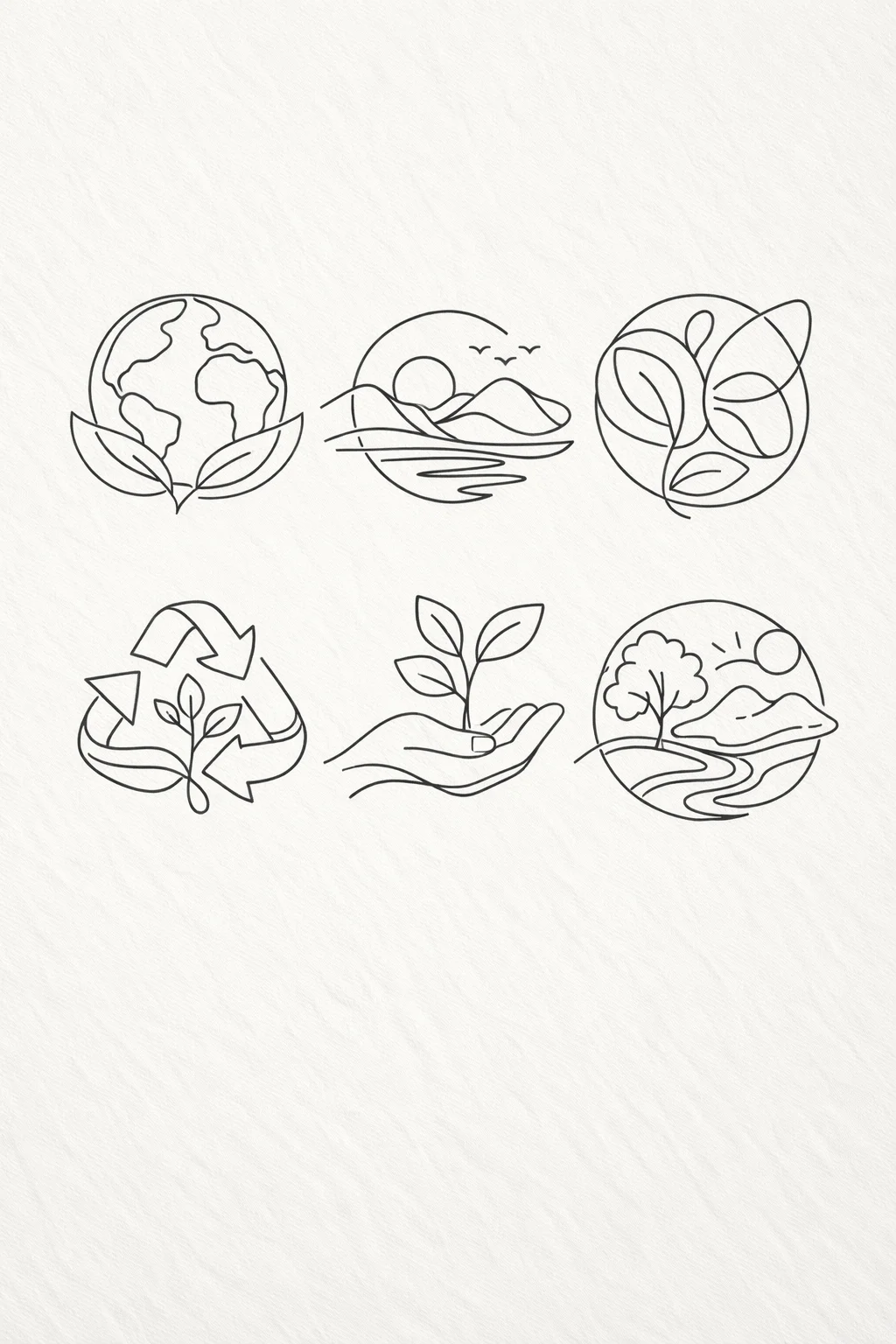 Set of minimal line art eco themed icons including globe with leaves landscape sunrise recycling symbol plant in hand and nature scenes arranged on a light textured background