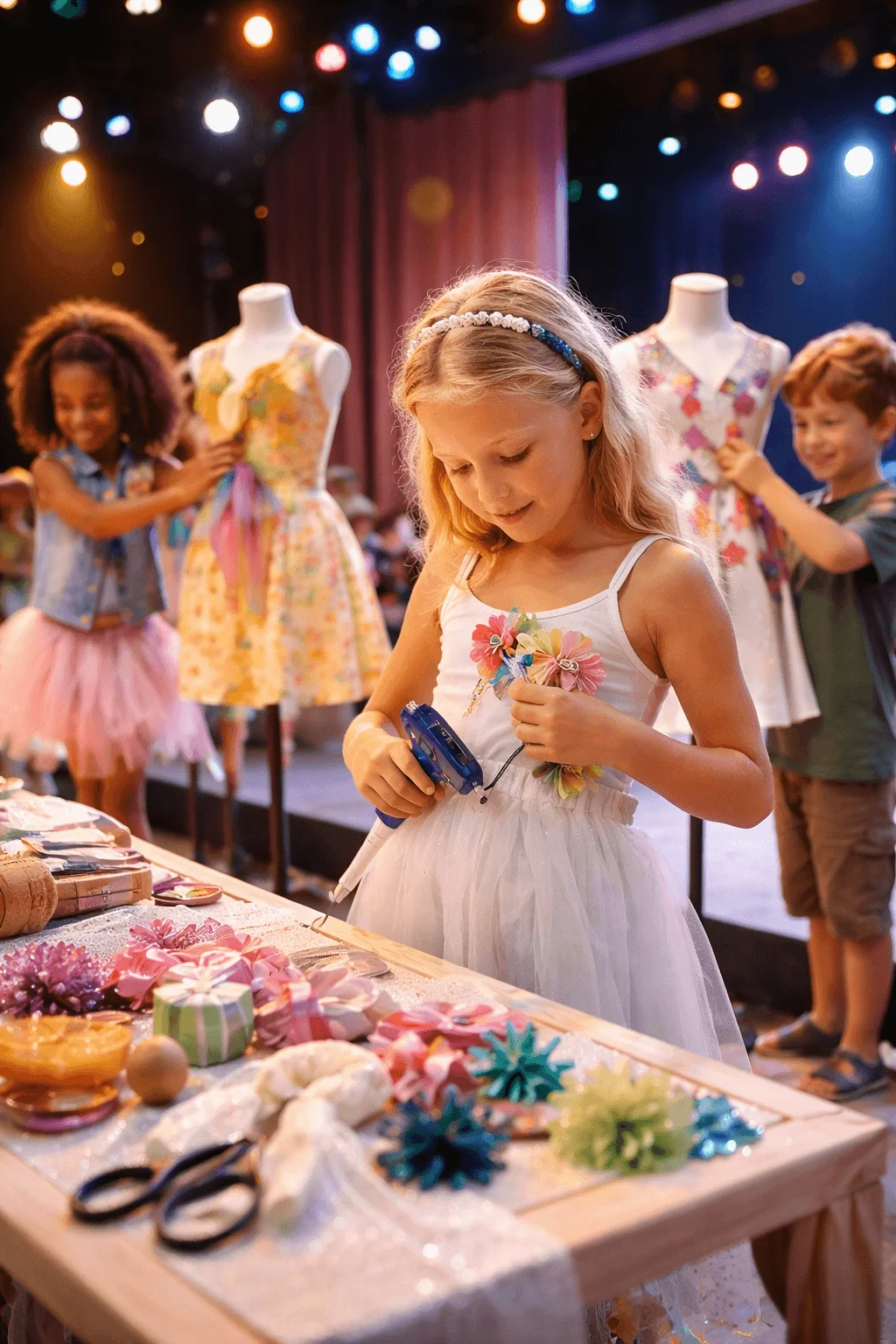 A child decorates a dress with colorful embellishments using a glue gun at a crafting table while other children work on outfits in the background under stage lights