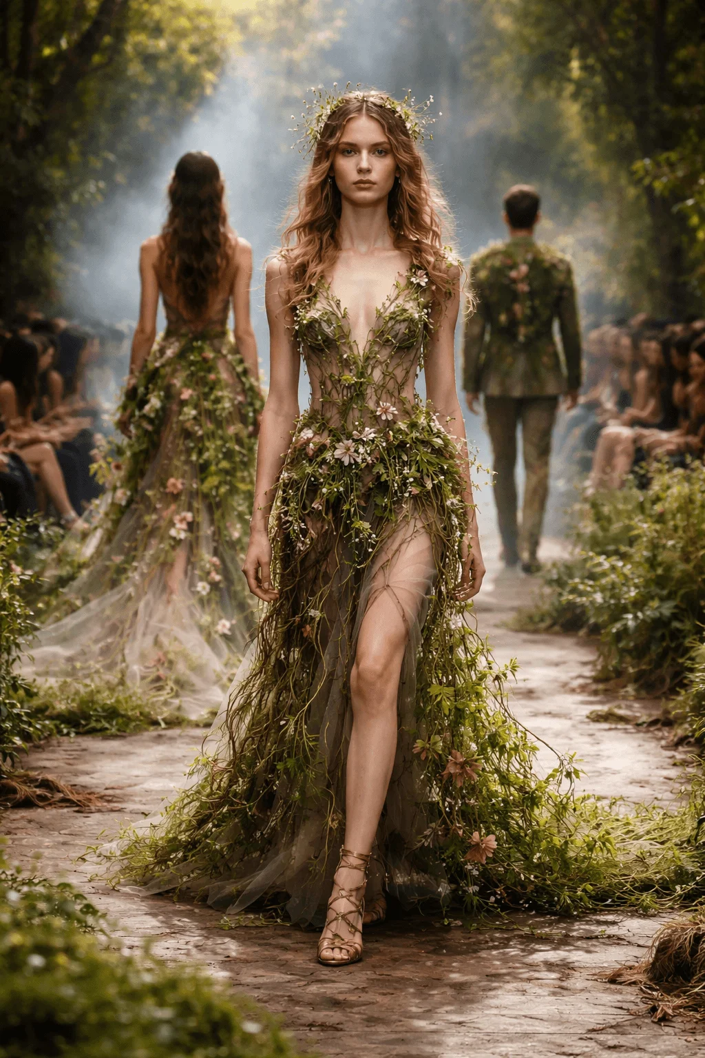 A model walks down a nature-inspired runway wearing a flowing dress made of vines, leaves, and delicate flowers, blending seamlessly with the forest setting and creating a living fashion concept that celebrates nature and sustainability.