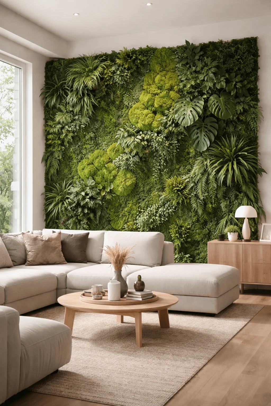 Modern living room with a large indoor green wall filled with lush plants creating a biophilic design complemented by neutral furniture wooden accents and soft natural lighting