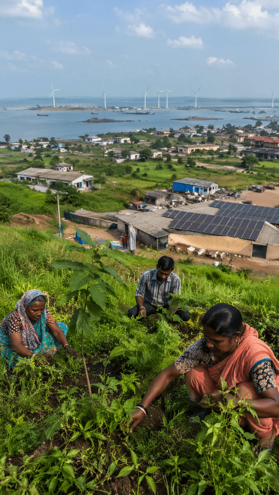 Local community members planting crops and caring for plants on a hillside near a coastal village with solar panels and offshore wind turbines representing sustainable development and renewable energy in a real world setting.