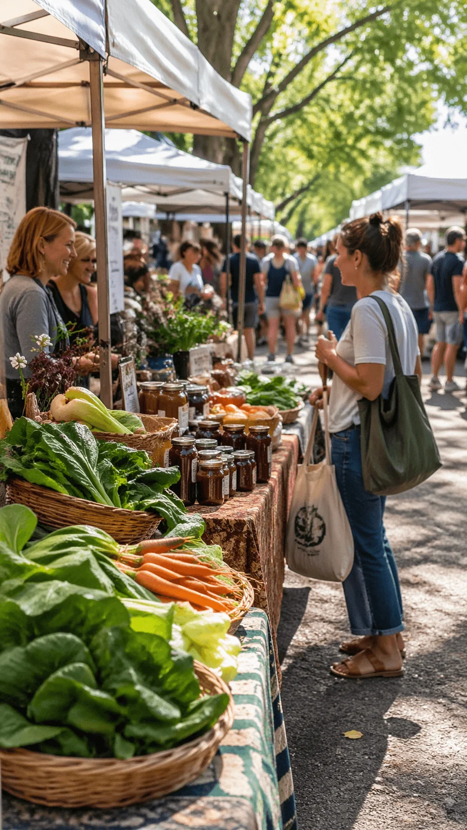People shopping at a local outdoor farmers market with fresh produce and sustainable products displayed at eco friendly stalls