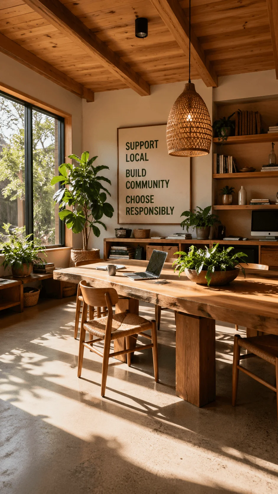 Sustainable office interior with locally sourced wood furniture indoor plants natural light and ethical design message promoting responsible choices