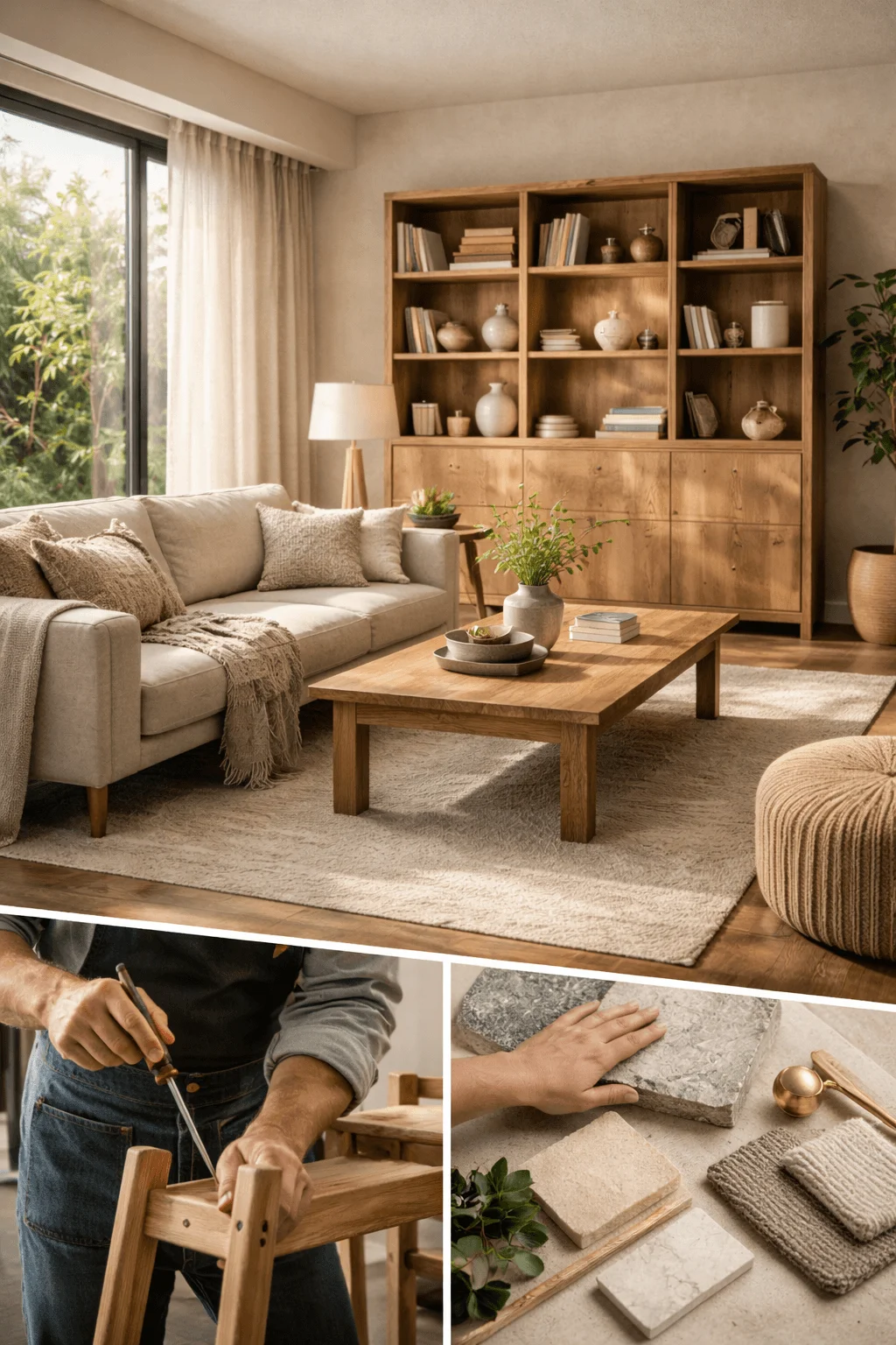 Bright minimalist living room with wooden furniture and neutral tones featuring a sofa coffee table and shelving unit alongside scenes of furniture assembly and material samples emphasizing sustainable design