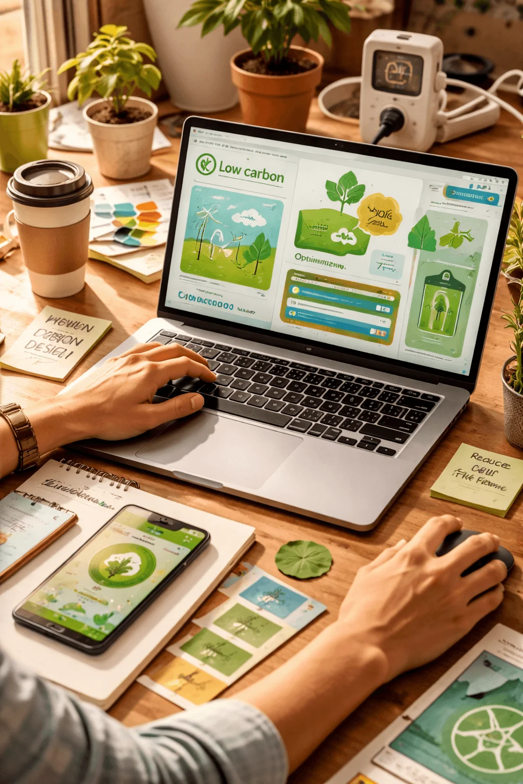Workspace scene showing low carbon digital design on a laptop with eco themed interface surrounded by plants reusable coffee cup color swatches notes and a smartphone displaying sustainability app