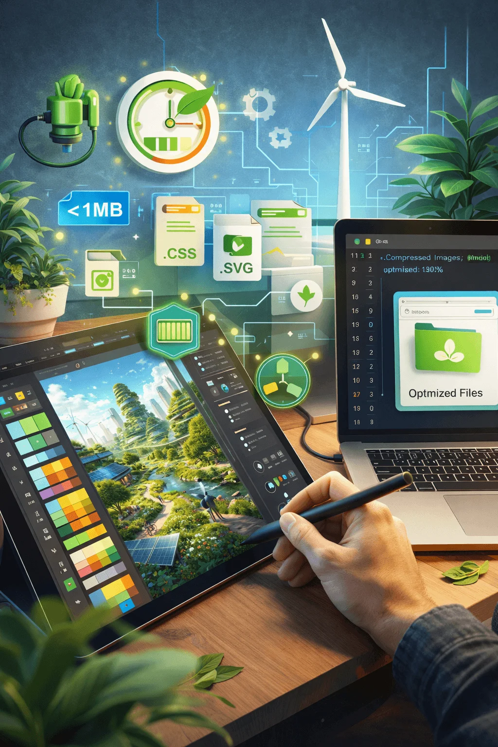 person using a stylus on a tablet designing eco themed digital artwork with interface elements showing css svg and file optimization icons alongside a laptop displaying optimized files wind turbine graphics and sustainability symbols in a modern workspace