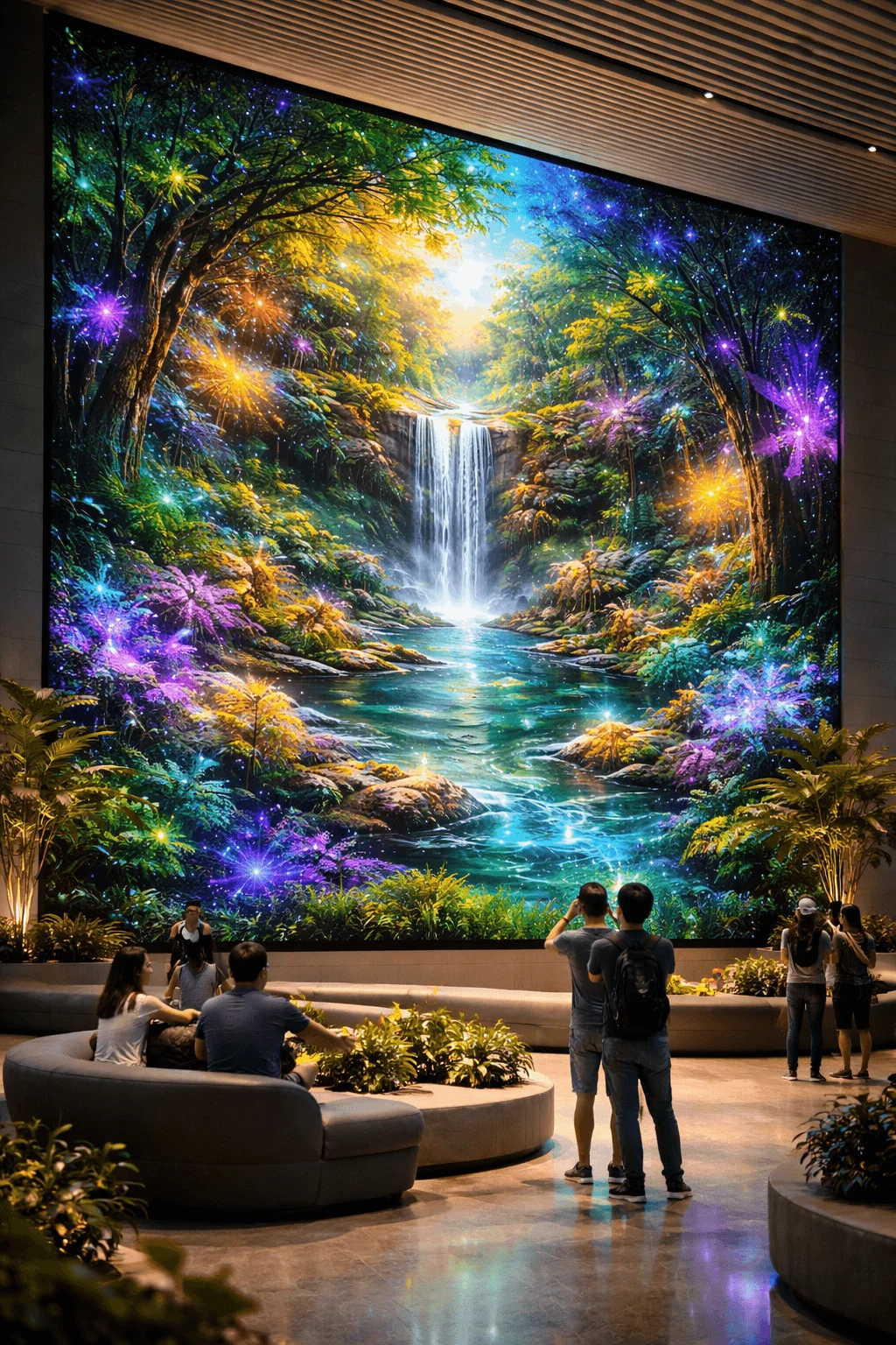 Large indoor LED wall installation displaying a vibrant illuminated nature scene with waterfall and glowing elements surrounded by people in a modern public space