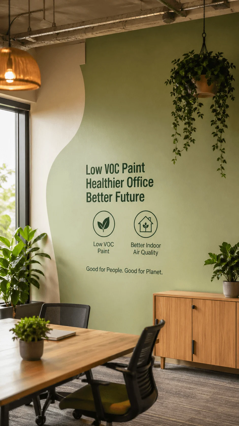 Modern office interior with green wall featuring low VOC paint message indoor plants wooden furniture and eco friendly healthy workspace design