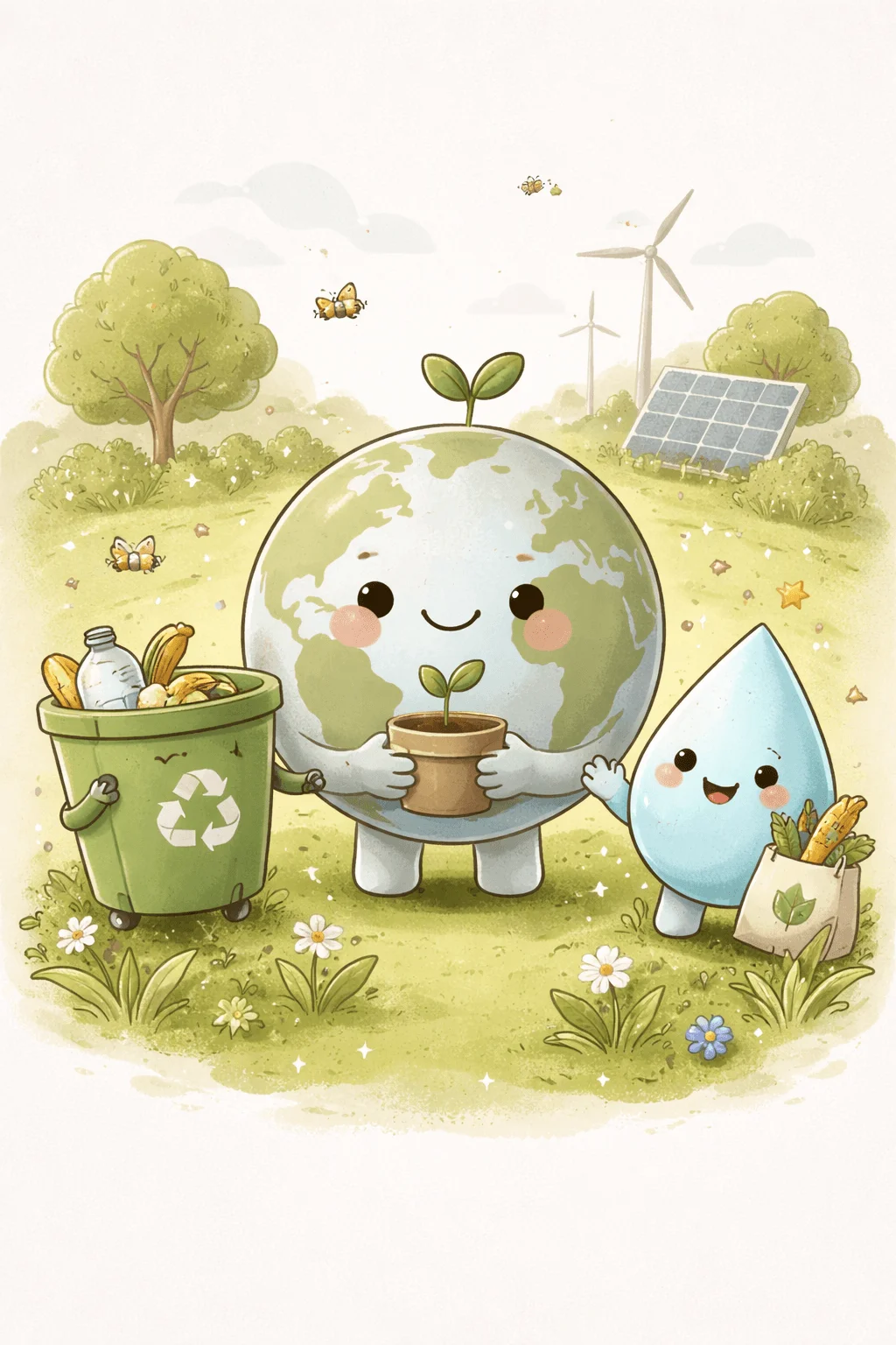 cute cartoon earth character holding a small plant in a pot standing beside a smiling water droplet and a recycling bin filled with waste with trees wind turbines and solar panels in the background conveying eco friendly sustainability and recycling theme