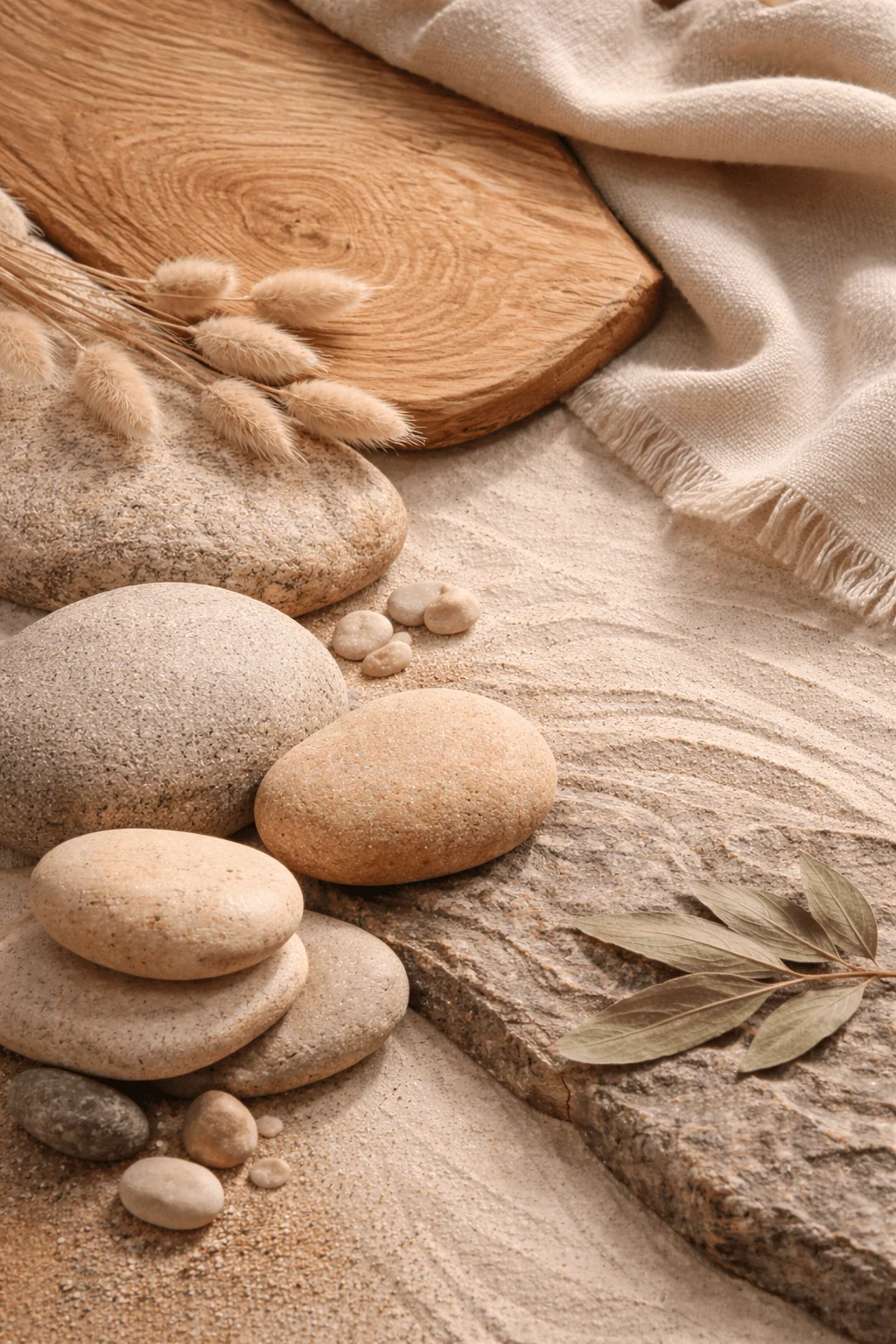 Close up of smooth natural stones arranged on sand with a wooden slab soft fabric dried grasses and leaves creating a calm minimal earthy composition