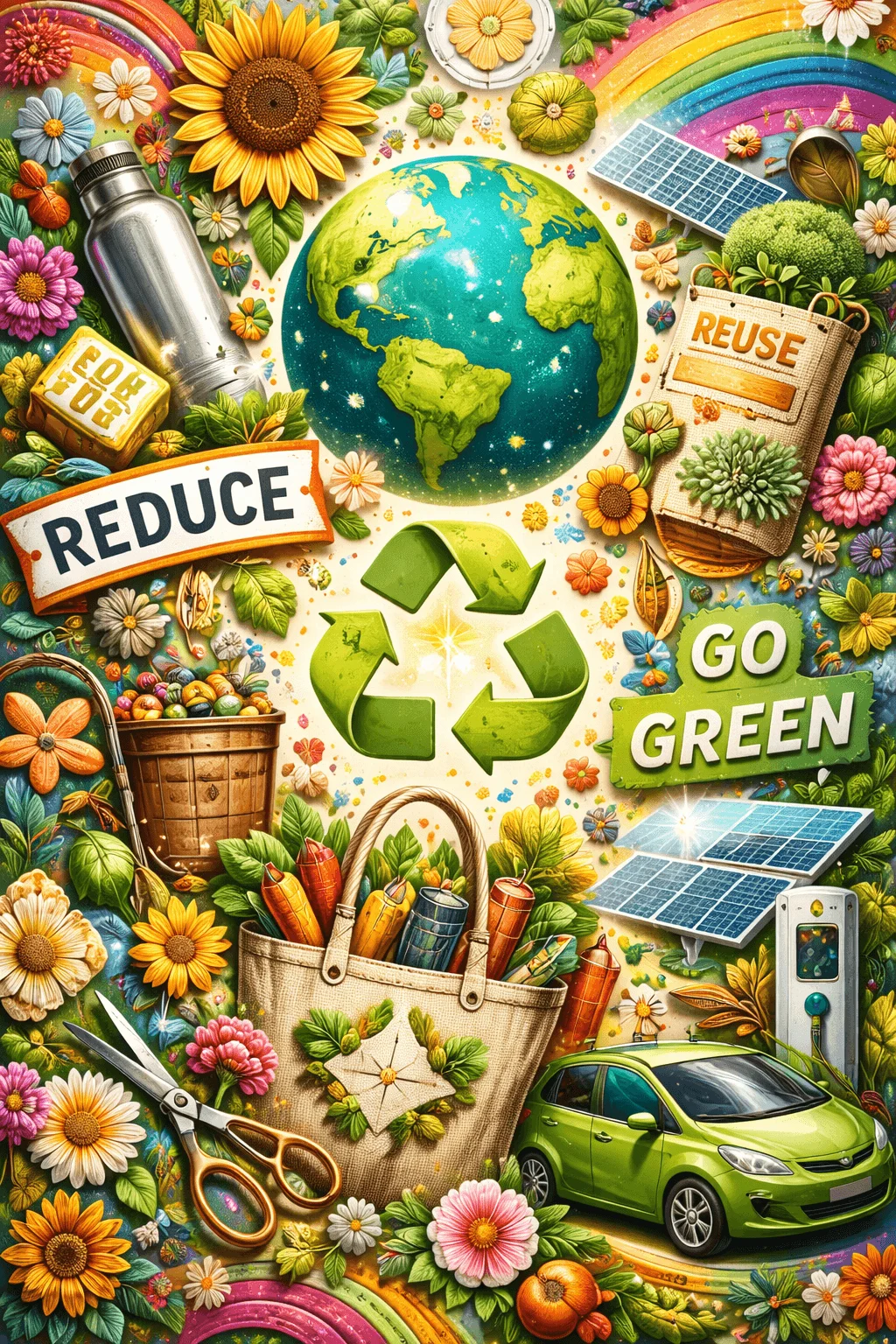 Vibrant maximalist sustainability poster filled with colorful elements including earth flowers reusable items recycling symbol solar panels electric car and eco messages like reduce reuse and go green surrounded by rich detailed textures