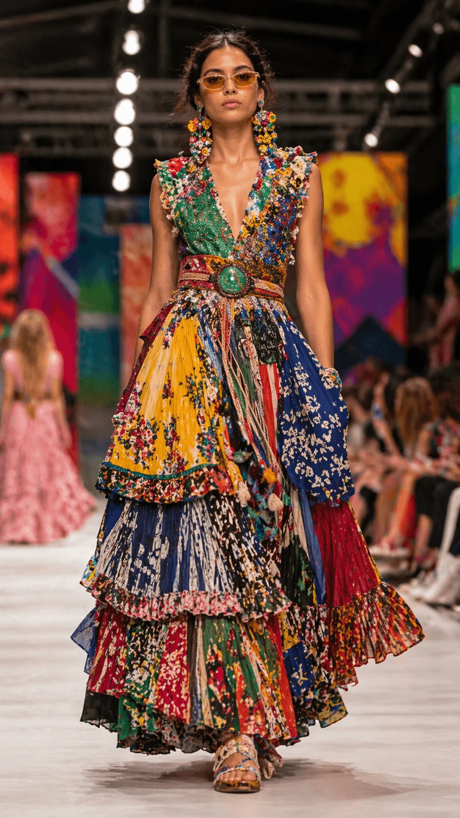 Model walking on a runway wearing a vibrant layered patchwork dress with bold colors and prints showcasing maximalist eco fashion design
