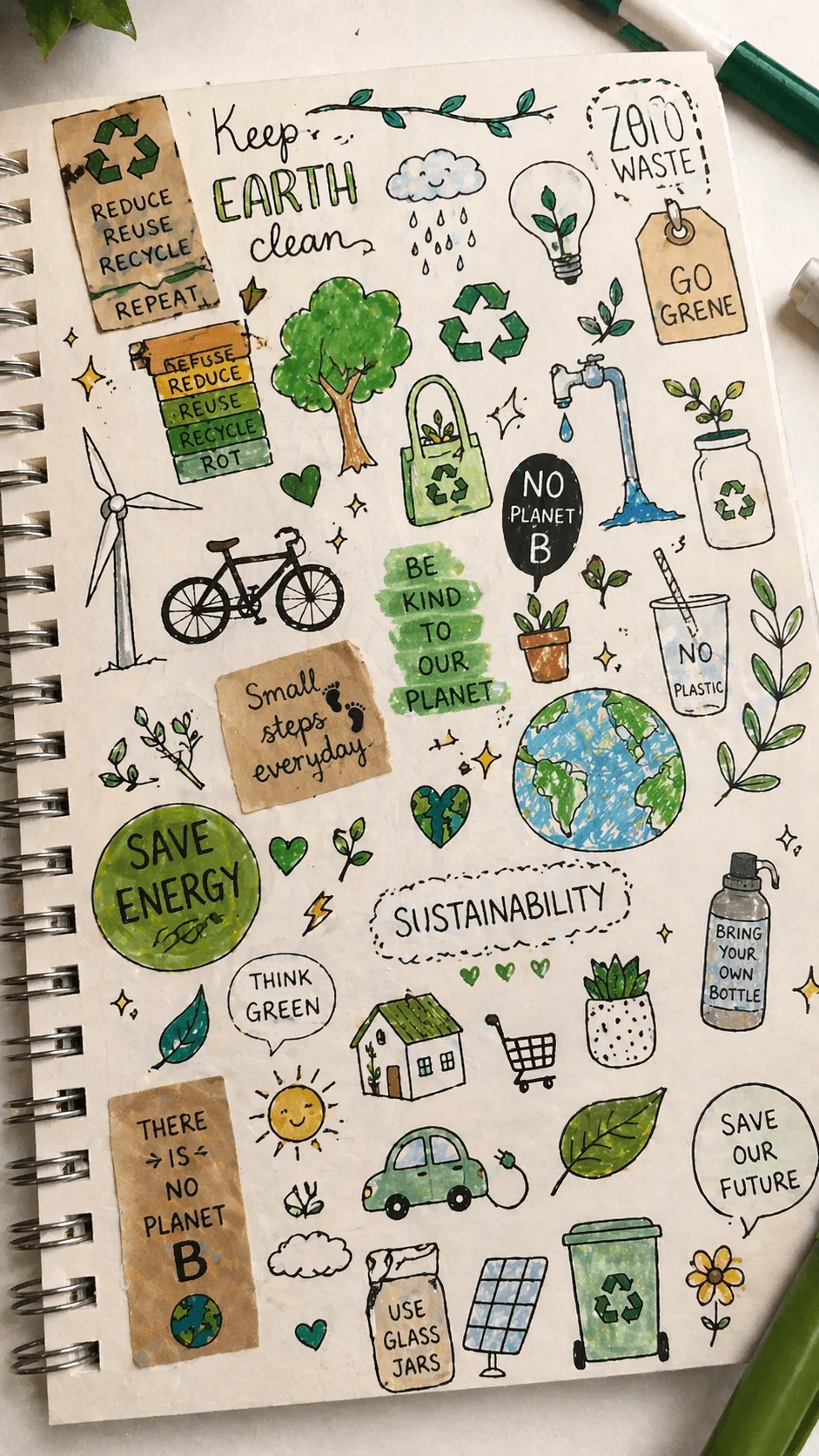 Hand drawn sustainability doodle page with colorful eco icons and messages including recycle symbols green energy ideas zero waste notes reusable items earth illustration and phrases like save energy think green and there is no planet B