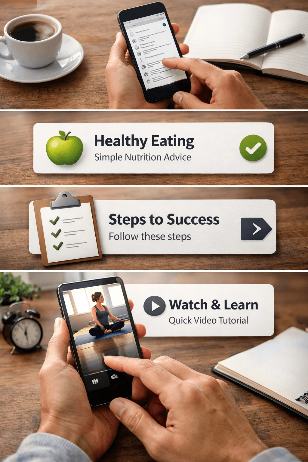 Mobile interface showing micro content sections with healthy eating advice step by step guidance and video learning prompts displayed on a smartphone in a workspace setting