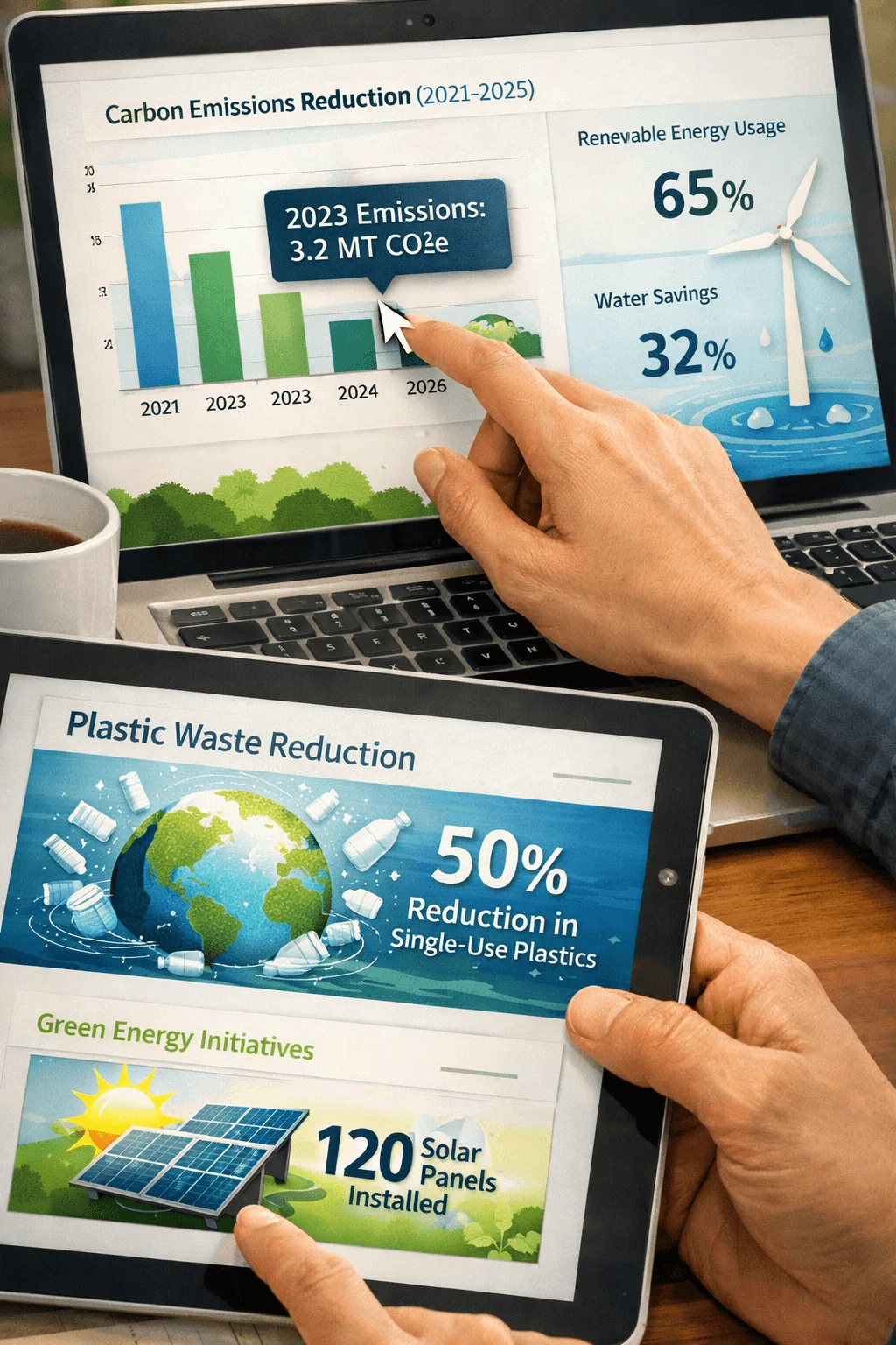 Hands interacting with digital sustainability report on laptop and tablet showing carbon emissions reduction renewable energy usage water savings plastic waste reduction and solar panel initiatives