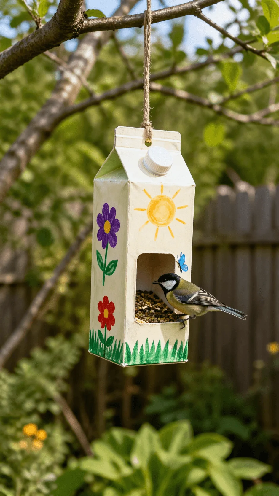 Small bird perched on a painted milk carton bird feeder hanging from a tree filled with seeds in a garden setting