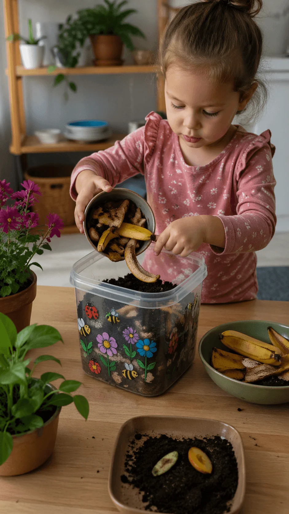 Toddler adding banana peels and food scraps into a small compost container filled with soil as a simple composting activity