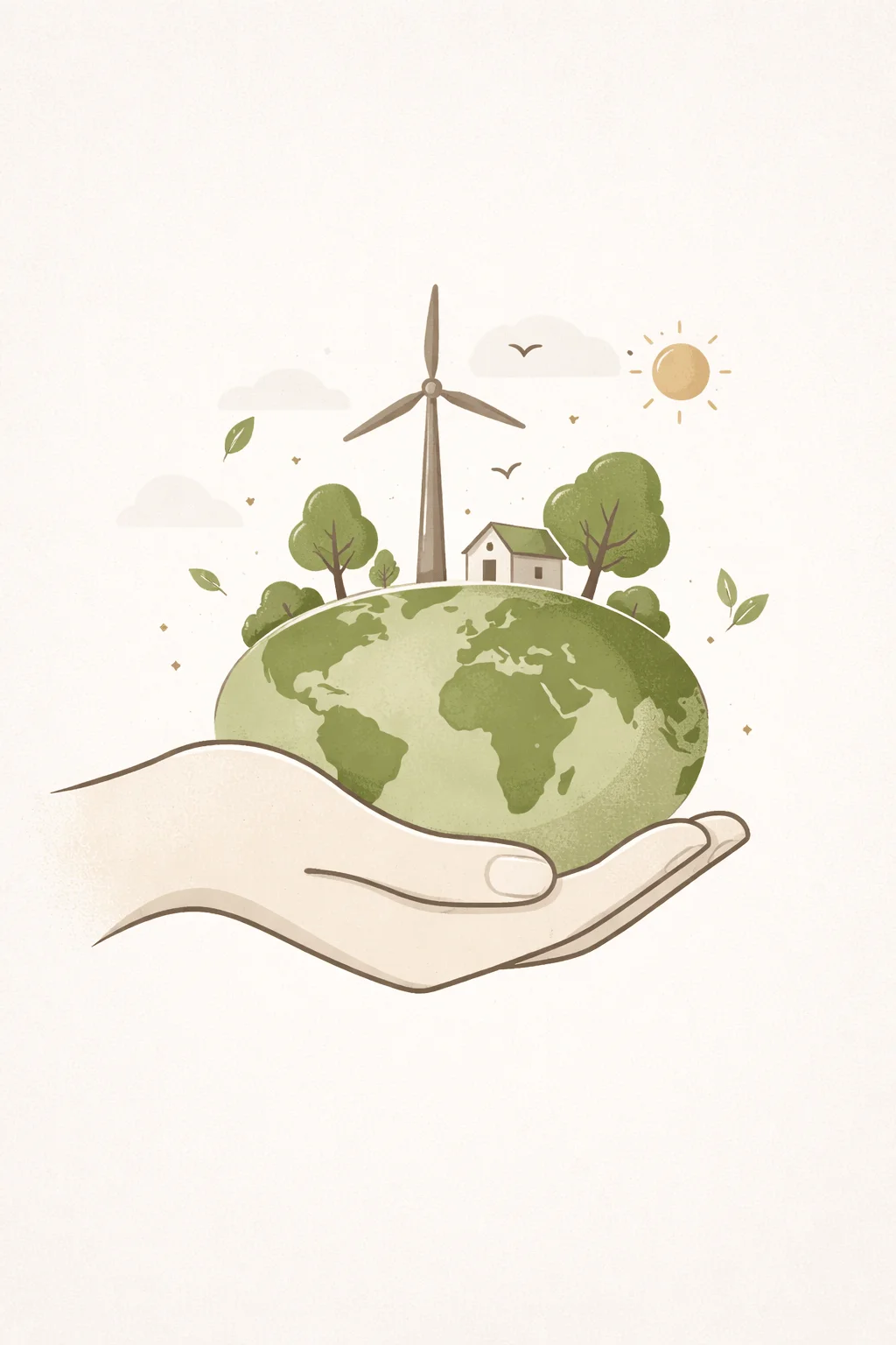 Minimal eco themed illustration of a hand holding a small globe with trees a house and a wind turbine on top surrounded by simple clouds birds leaves and a soft sun in muted earthy tones