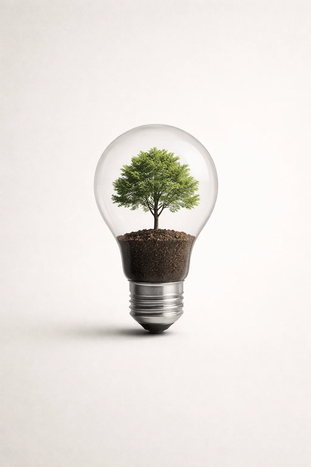 A minimalist concept image of a light bulb with a small green tree growing inside it, symbolizing sustainability and eco friendly innovation.