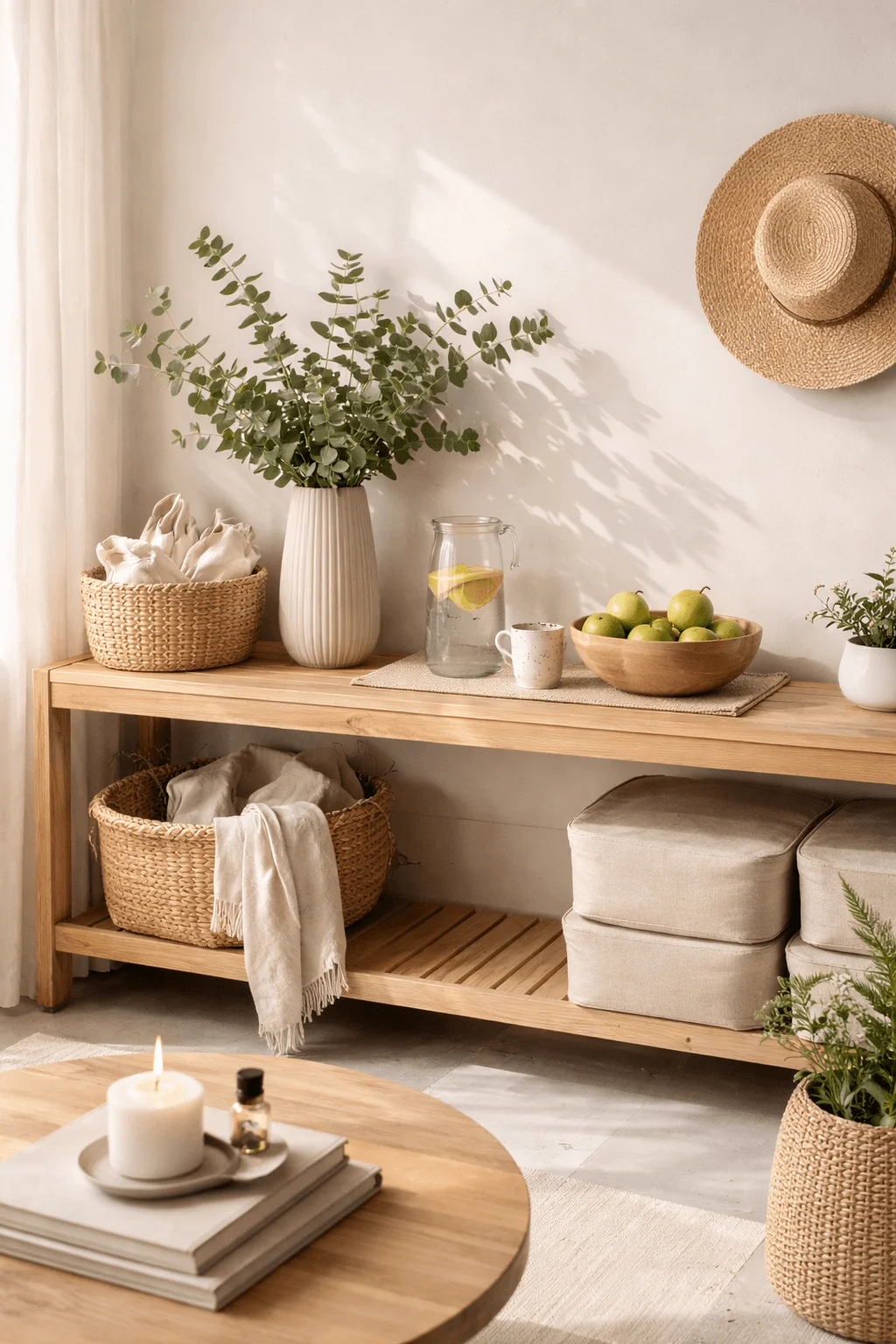 Minimalist nature inspired interior with wooden shelf, woven baskets, soft textiles, green plants, glass pitcher with lemon water, and warm natural light creating a calm eco friendly atmosphere