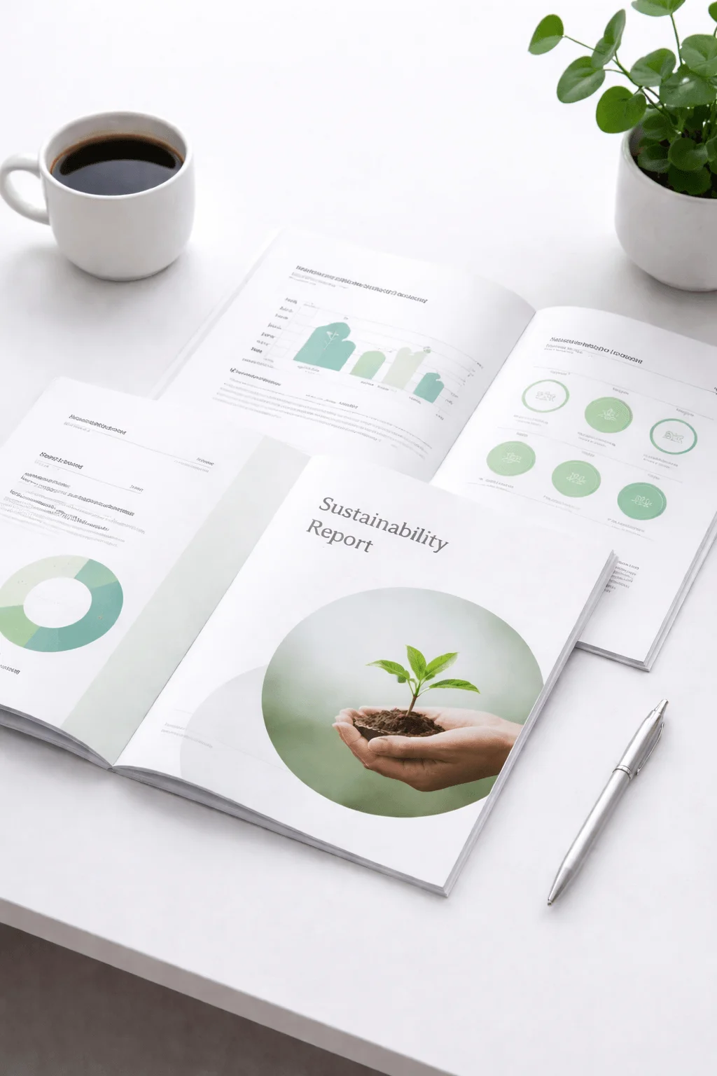 Minimal clean workspace with sustainability report booklet featuring plant imagery alongside charts graphs coffee cup pen and small plant on a white desk